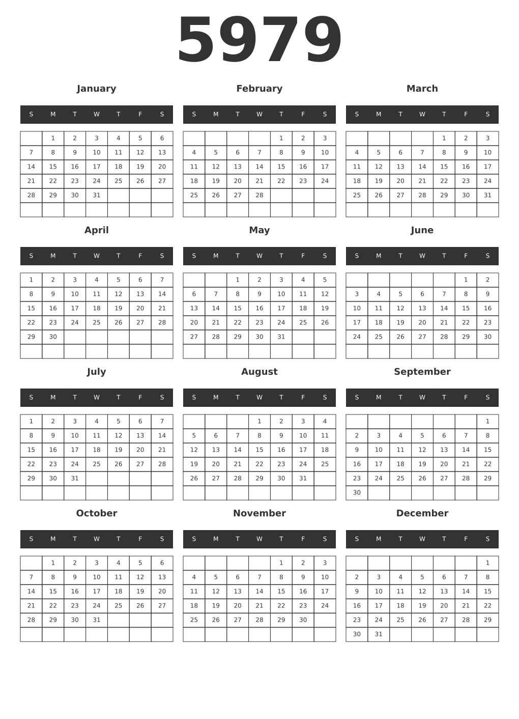 Printable 5979 Year Calendars dark