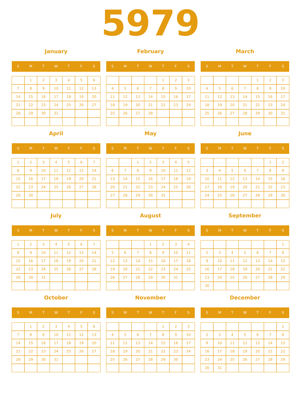 Printable 5979 Year Calendars gamboge