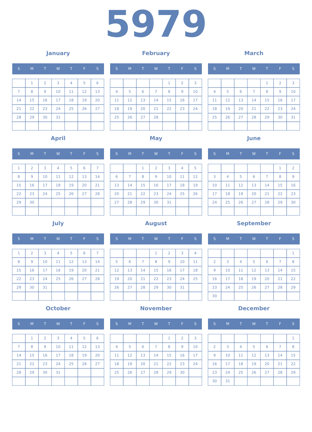 Printable 5979 Year Calendars glaucous