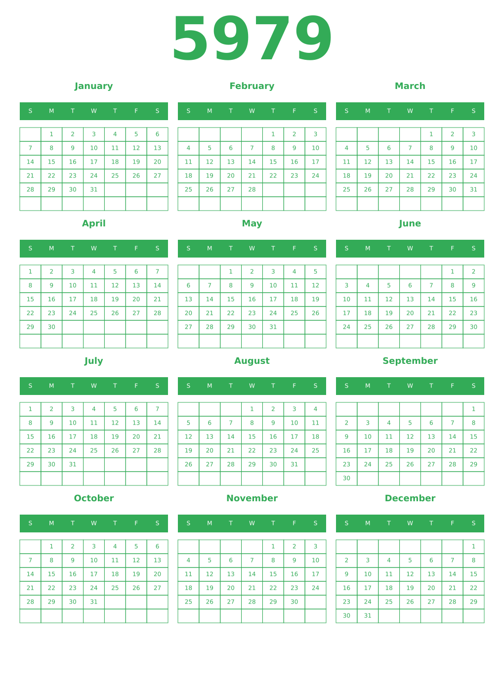 Printable 5979 Year Calendars green