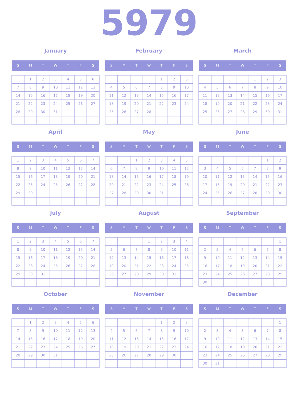 Printable 5979 Year Calendars periwinkle