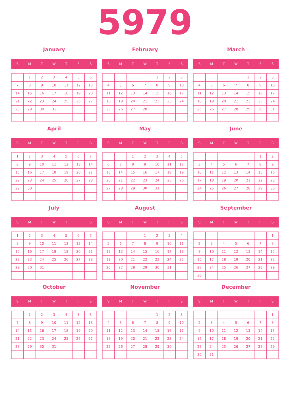 Printable 5979 Year Calendars pink