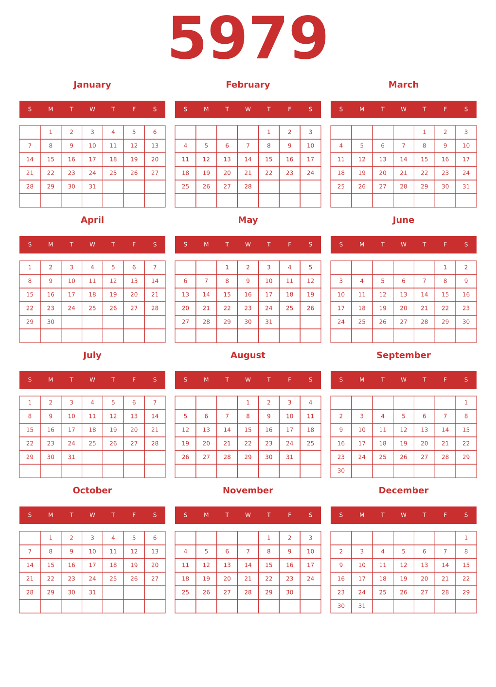 Printable 5979 Year Calendars red