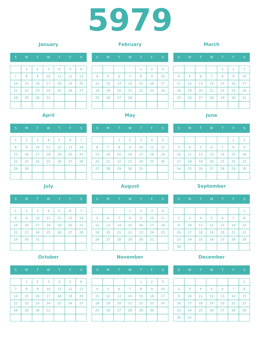 Printable 5979 Year Calendars verdigris