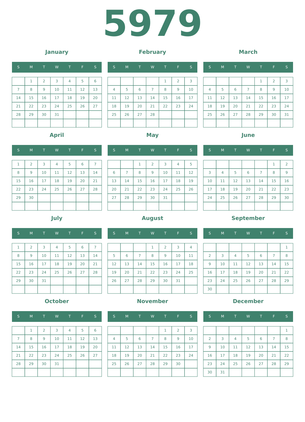 Printable 5979 Year Calendars viridian