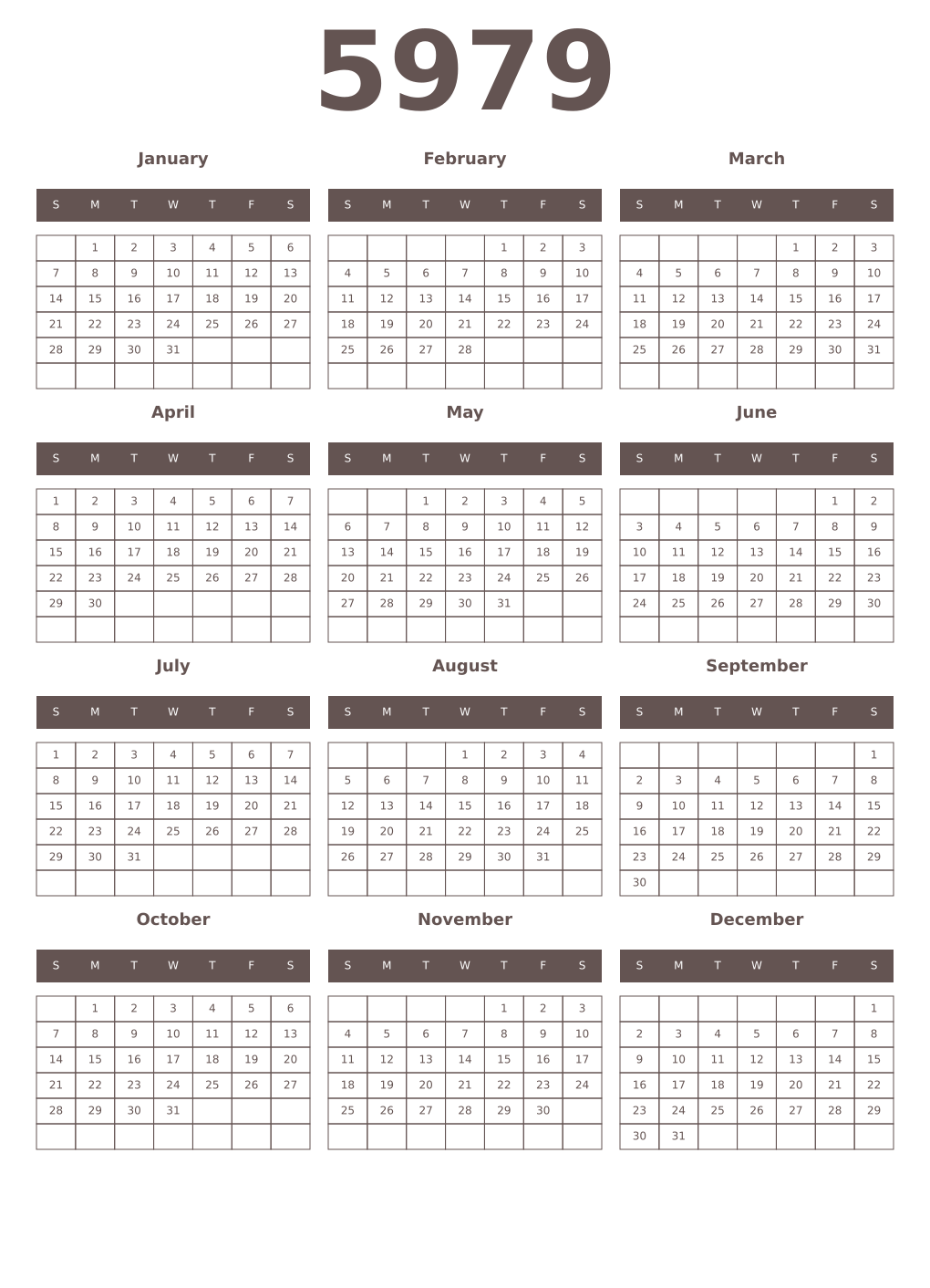 Printable 5979 Year Calendars wenge