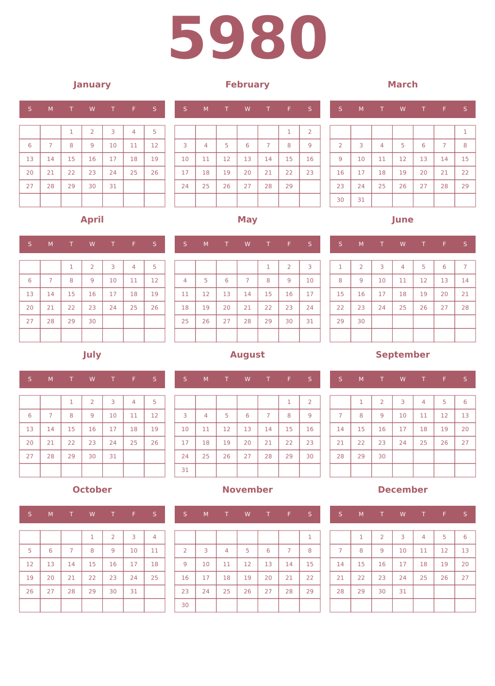 Printable 5980 Year Calendars puce