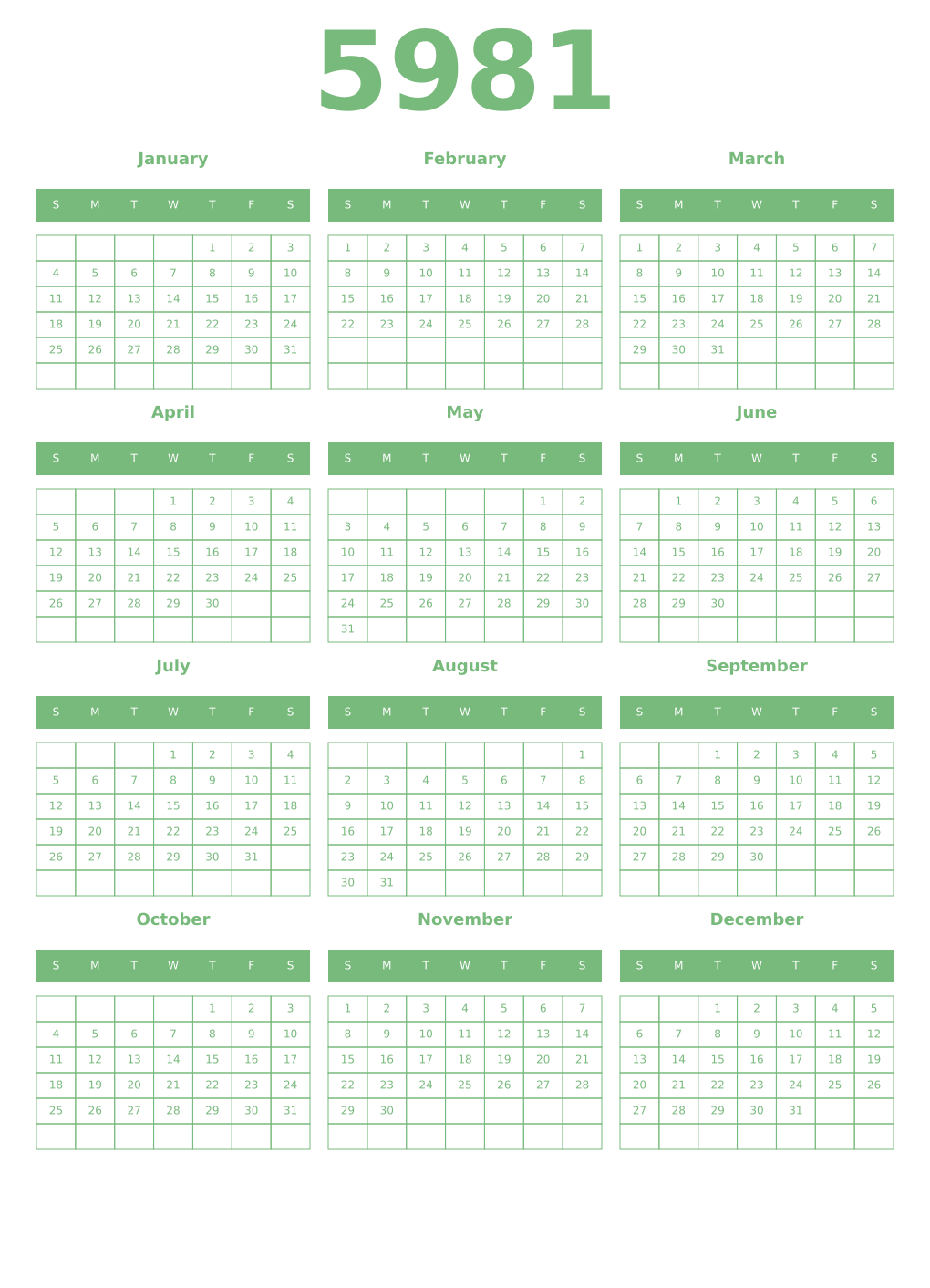 Printable 5981 Year Calendars celadon