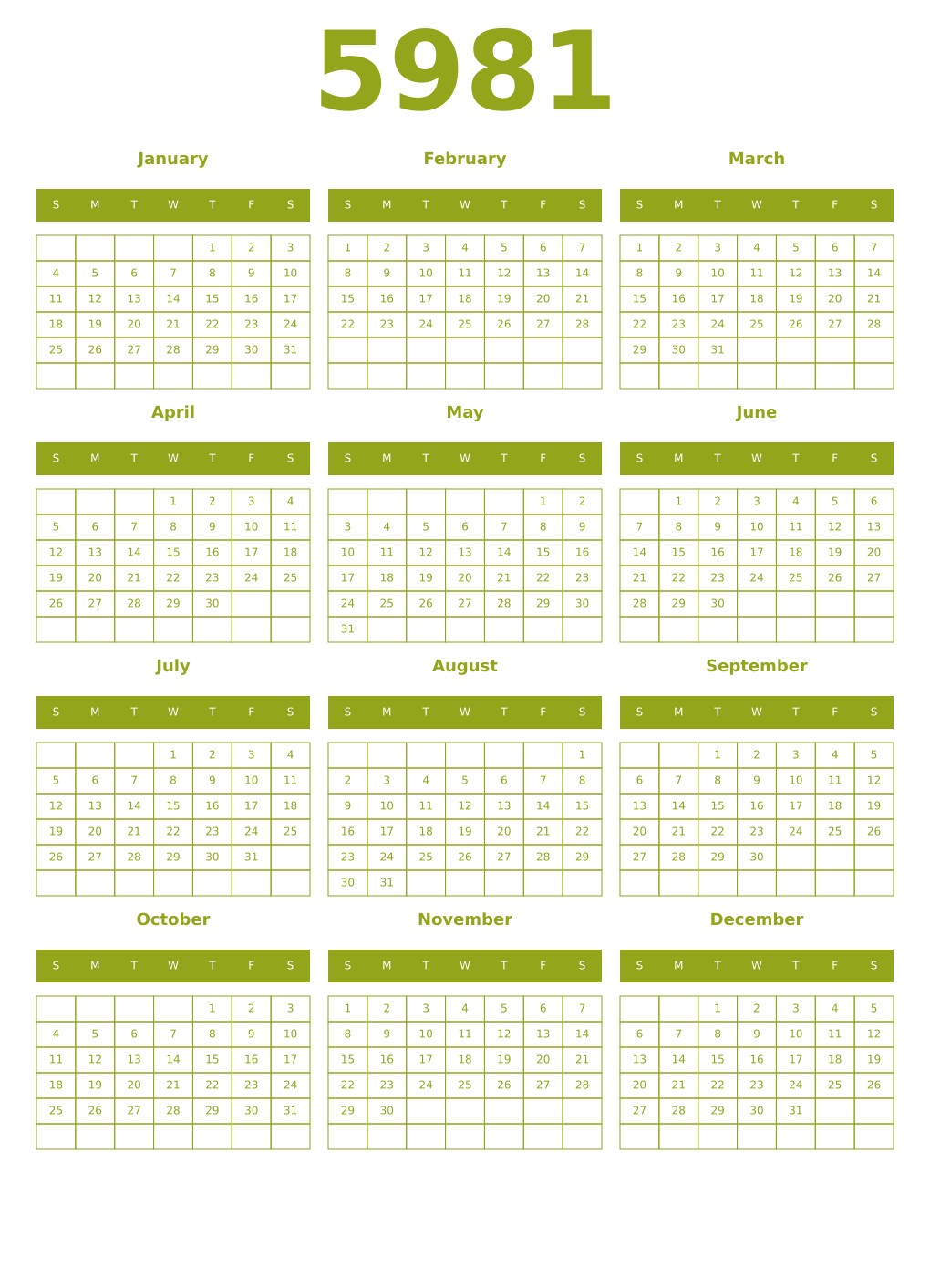 Printable 5981 Year Calendars chartreuse