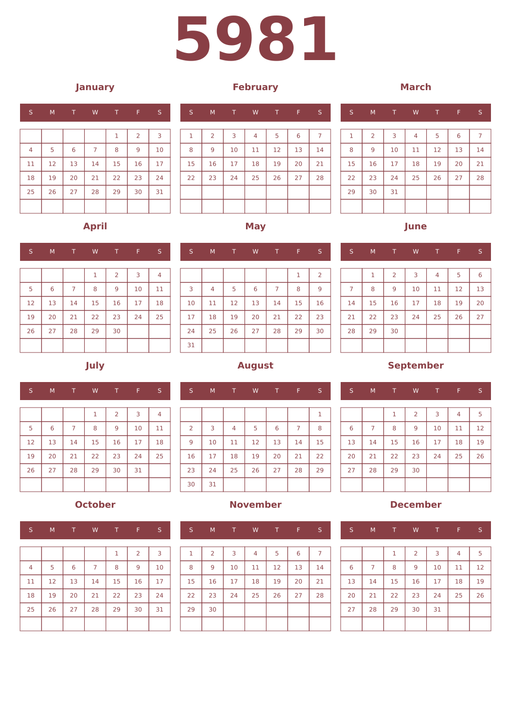 Printable 5981 Year Calendars cordovan