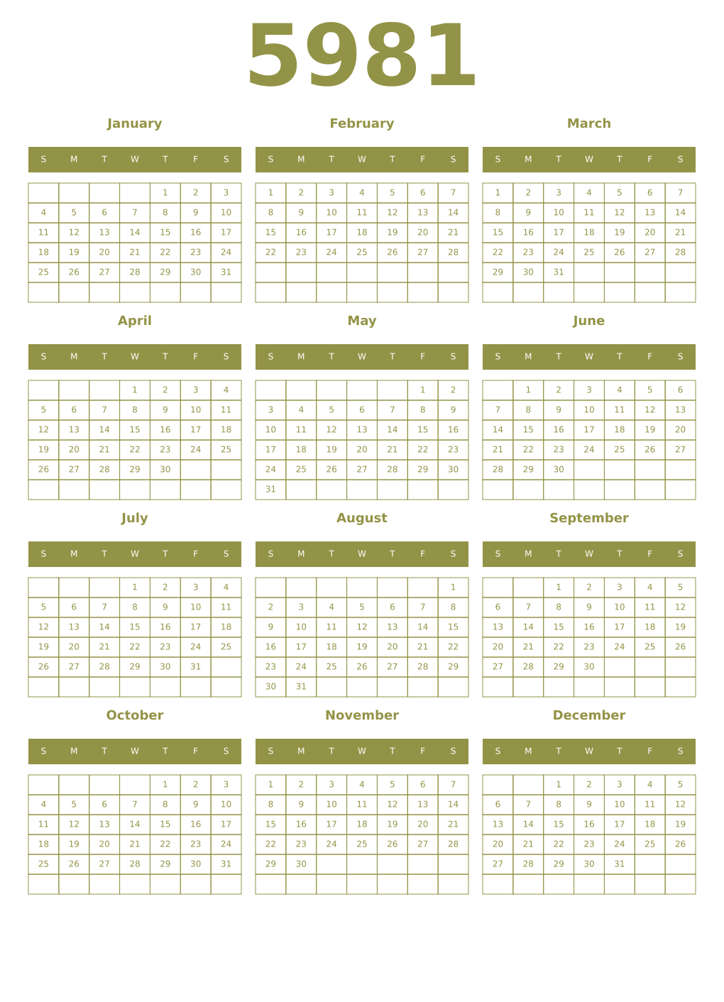 Printable 5981 Year Calendars eburnean