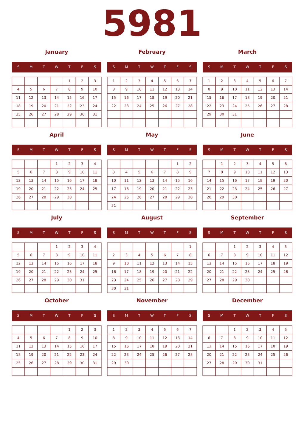 Printable 5981 Year Calendars falu