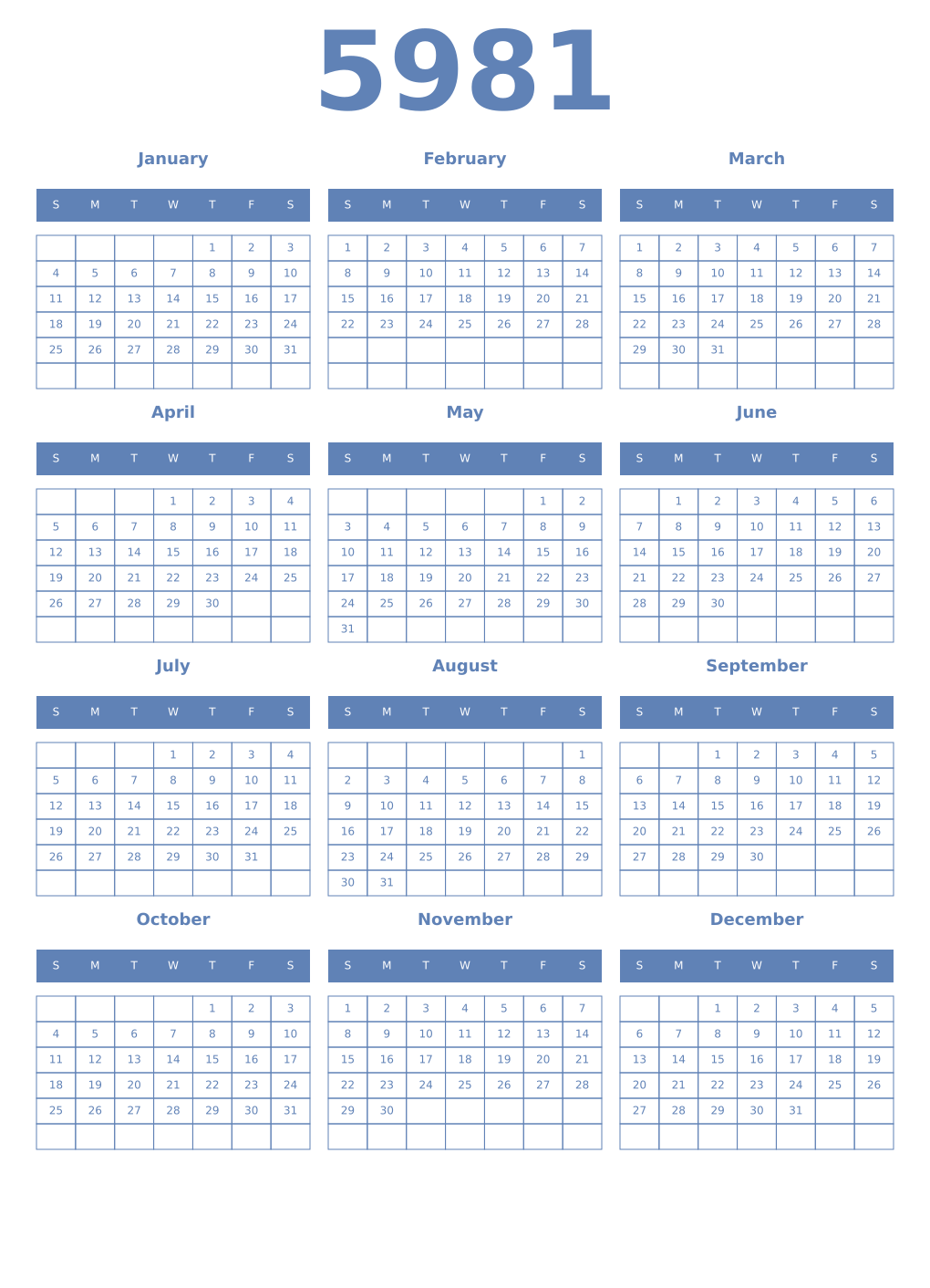 Printable 5981 Year Calendars glaucous