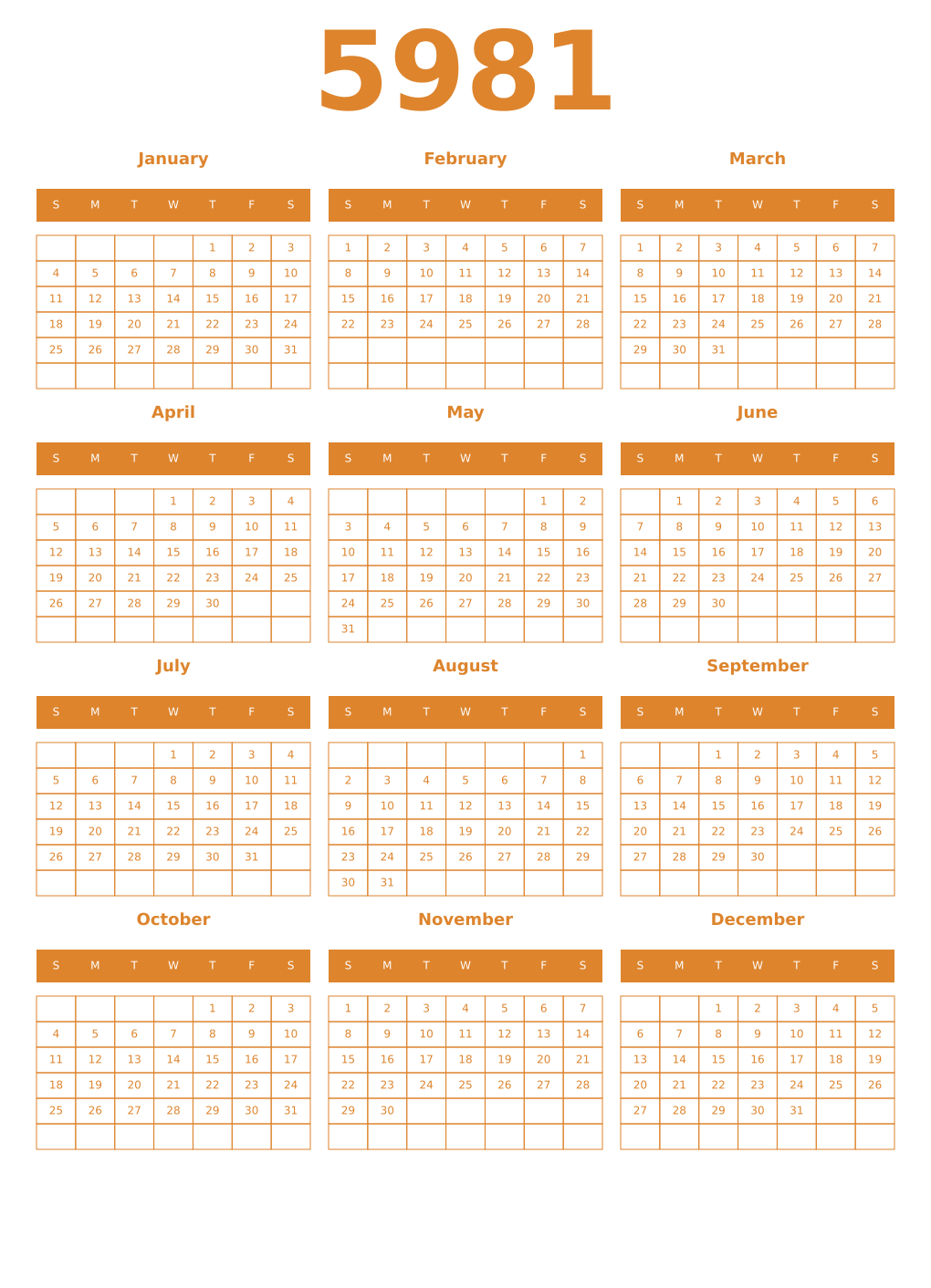Printable 5981 Year Calendars orange