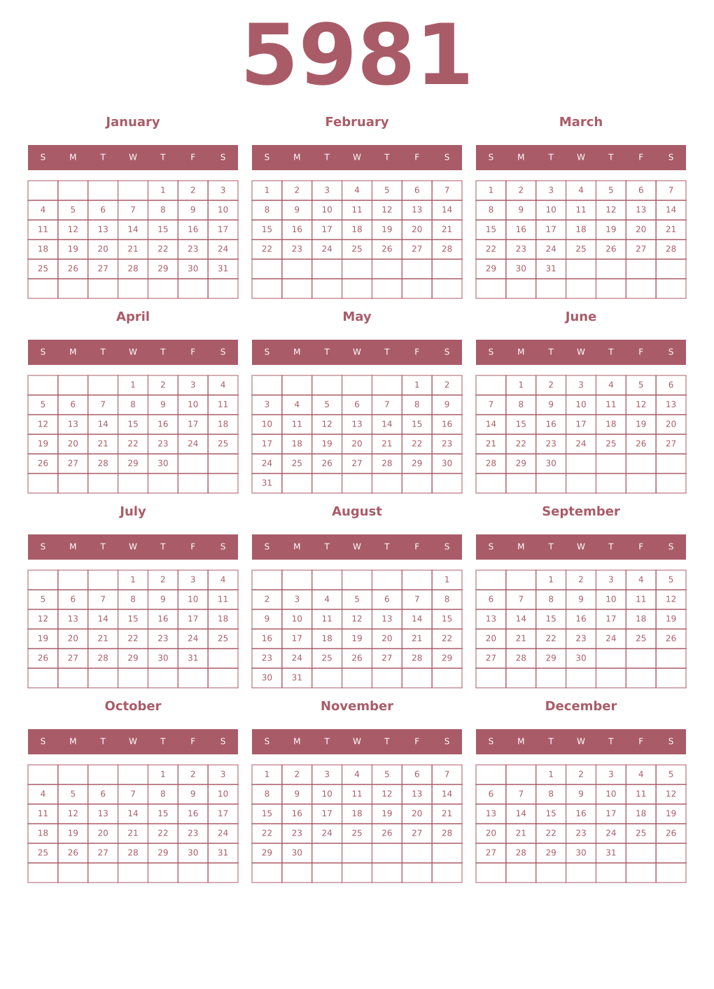 Printable 5981 Year Calendars puce