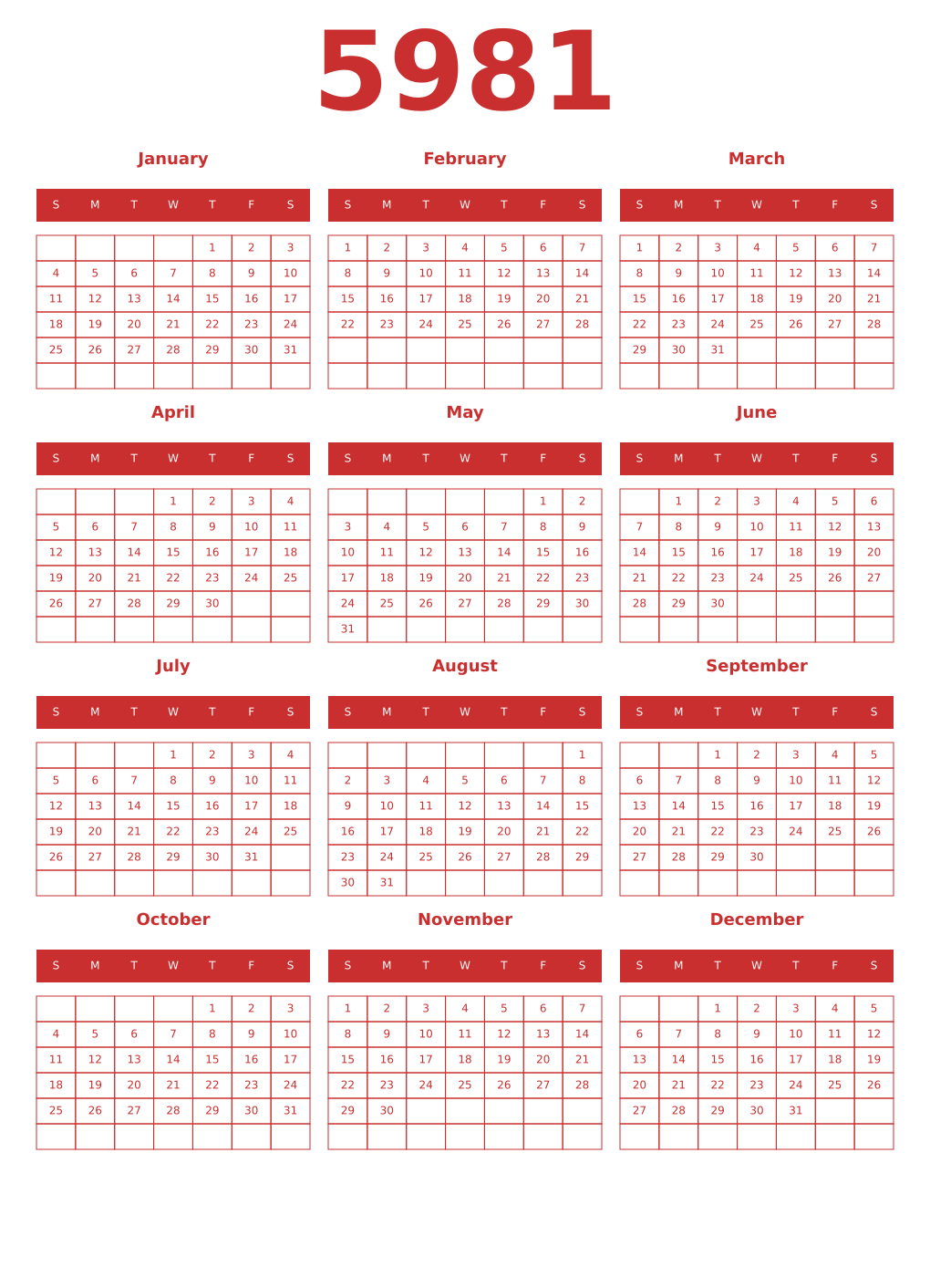 Printable 5981 Year Calendars red