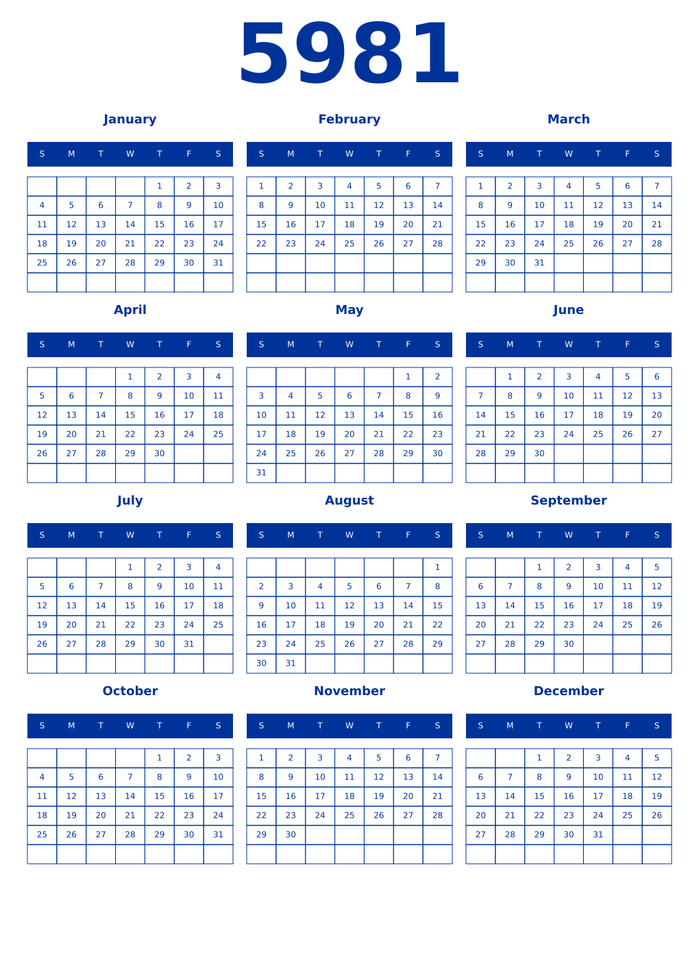 Printable 5981 Year Calendars smalt