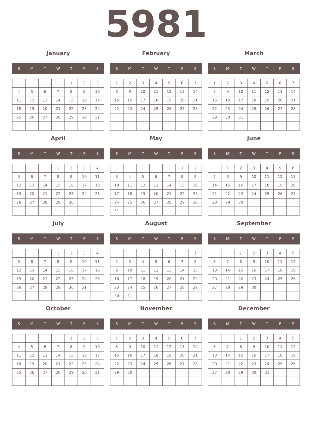 Printable 5981 Year Calendars wenge