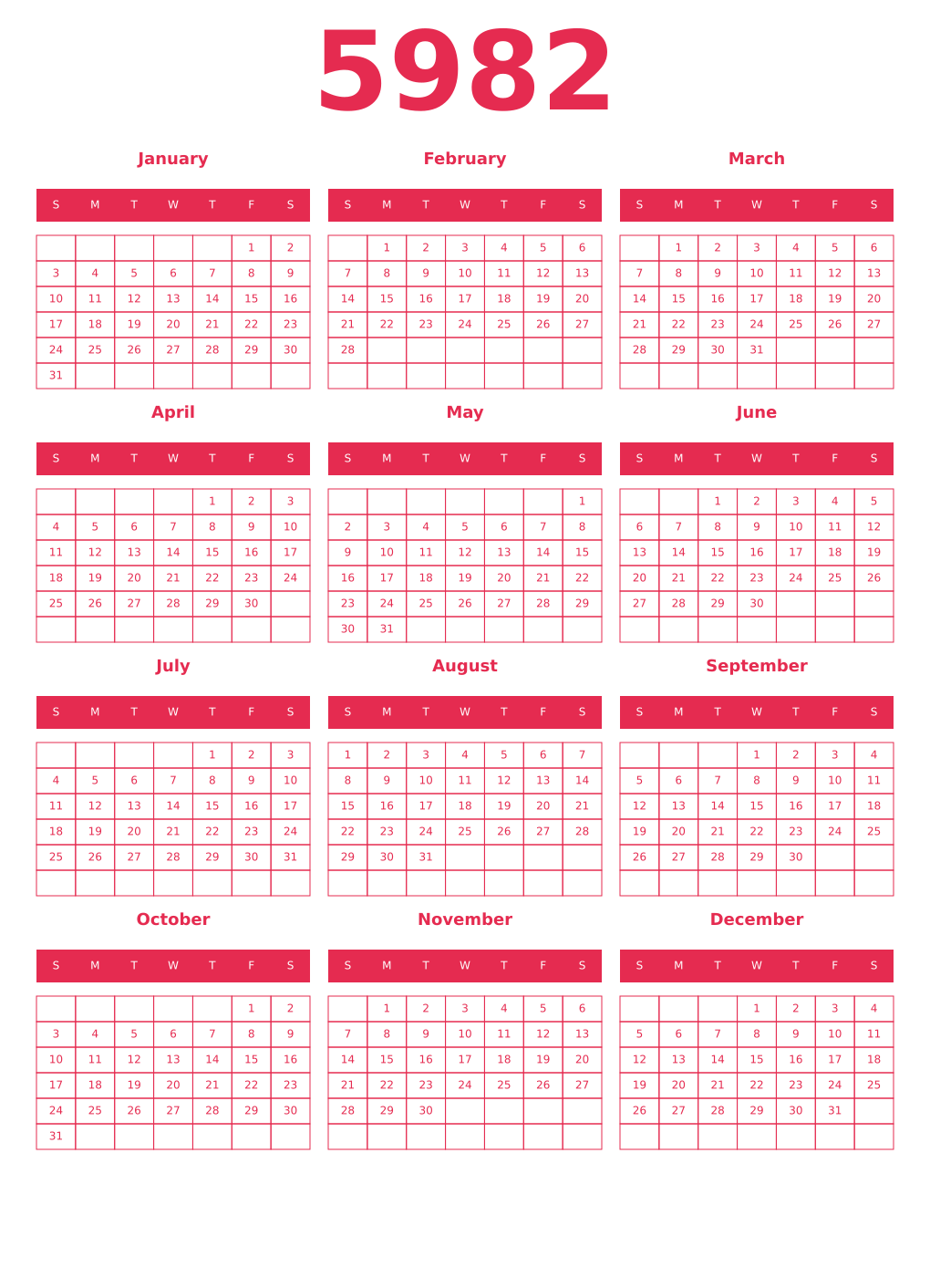 Printable 5982 Year Calendars amaranth