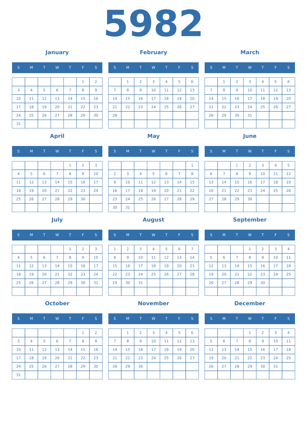 Printable 5982 Year Calendars blue