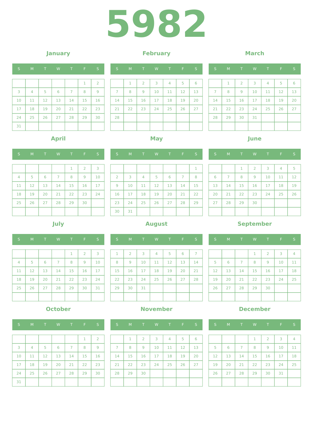 Printable 5982 Year Calendars celadon