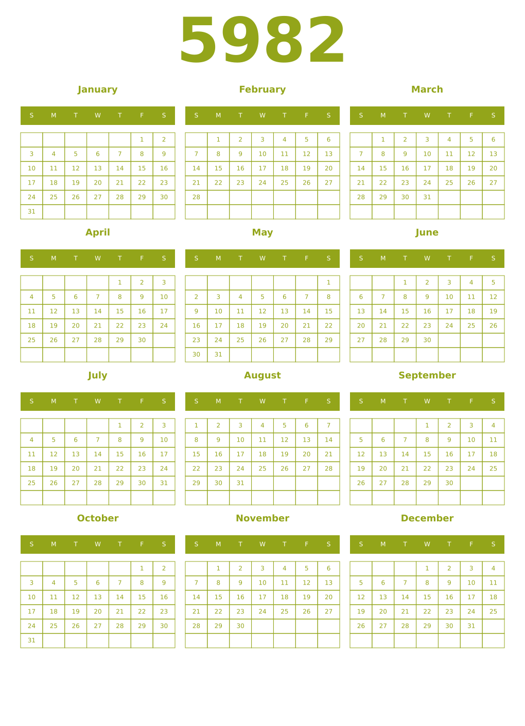 Printable 5982 Year Calendars chartreuse