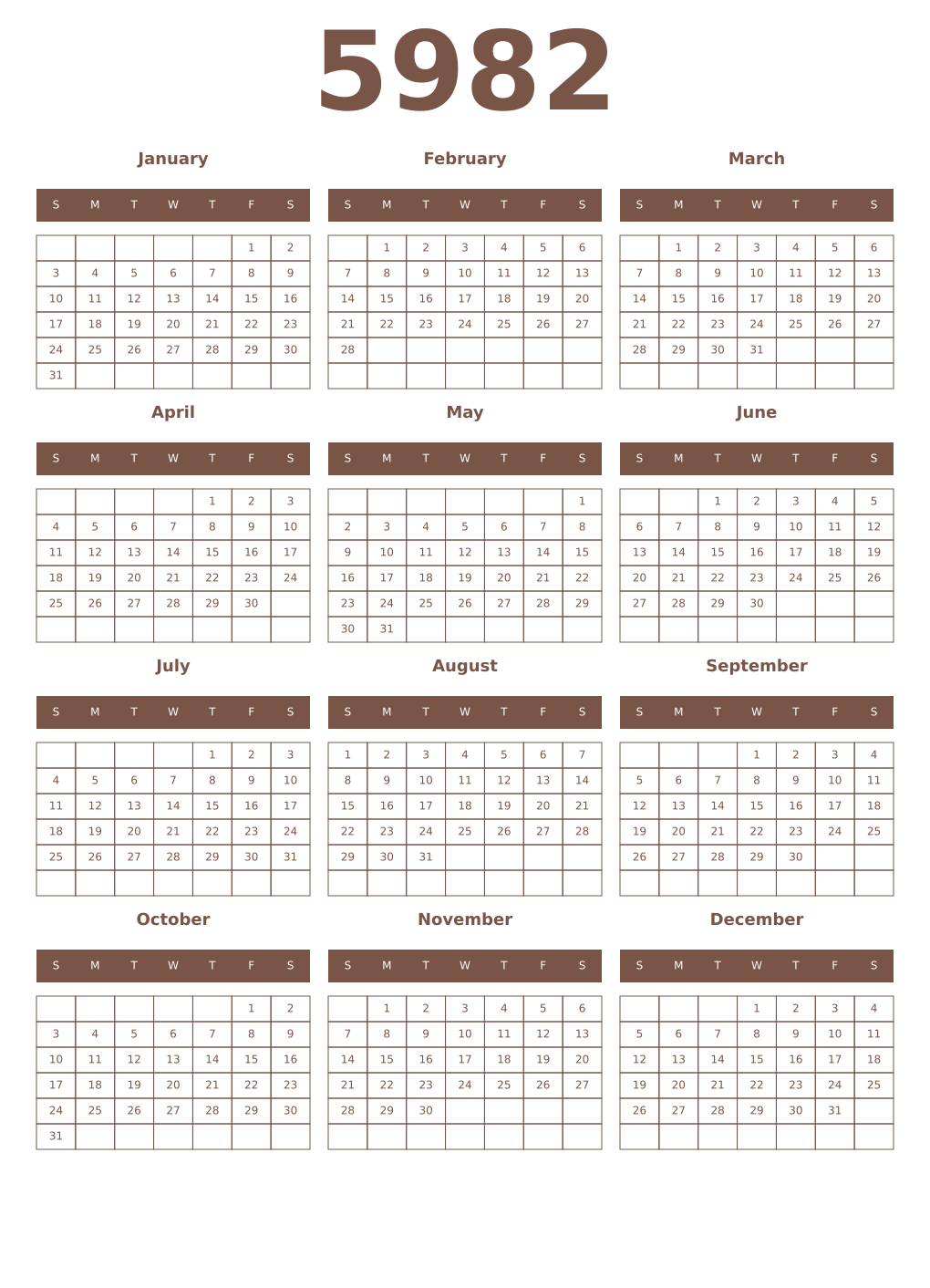 Printable 5982 Year Calendars coffe