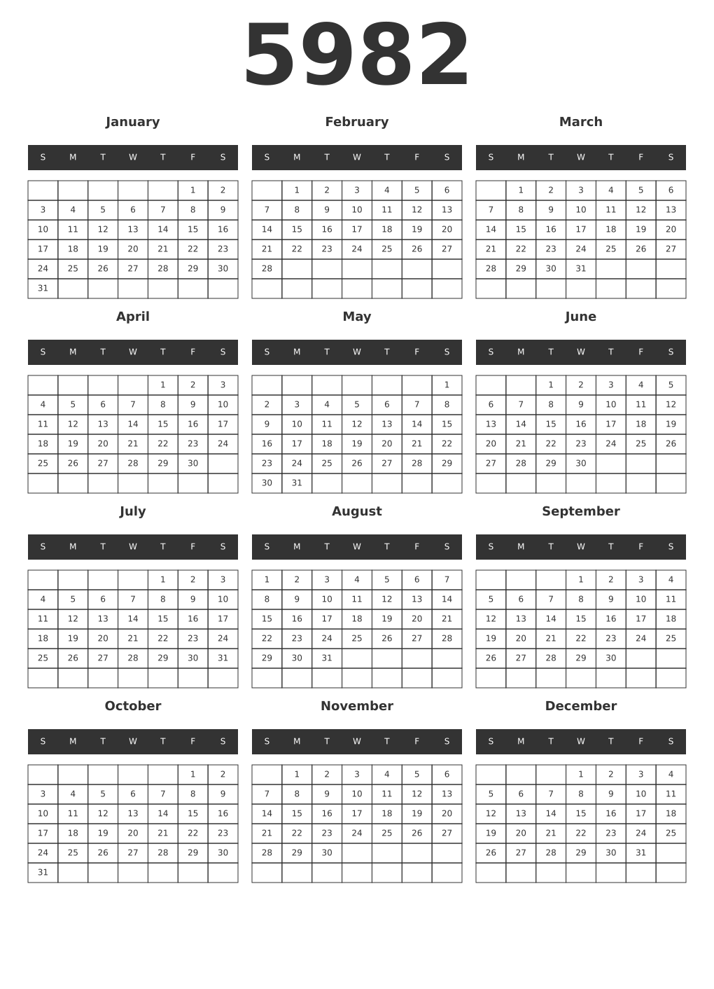Printable 5982 Year Calendars dark