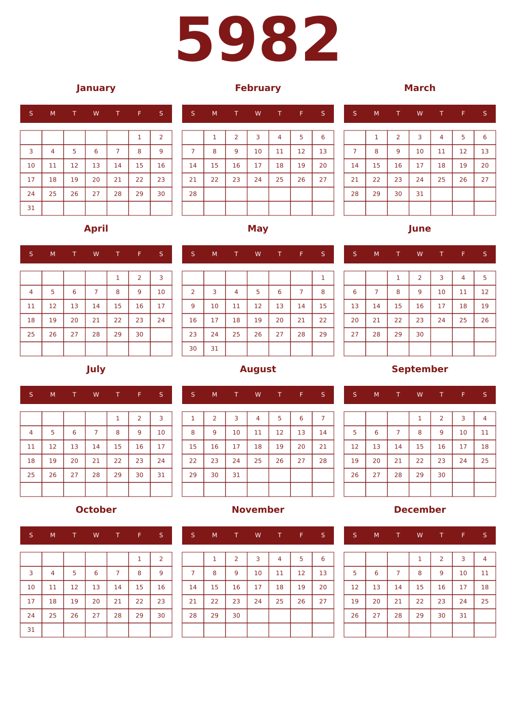 Printable 5982 Year Calendars falu