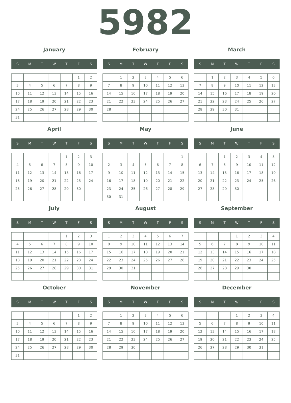 Printable 5982 Year Calendars feldgrau