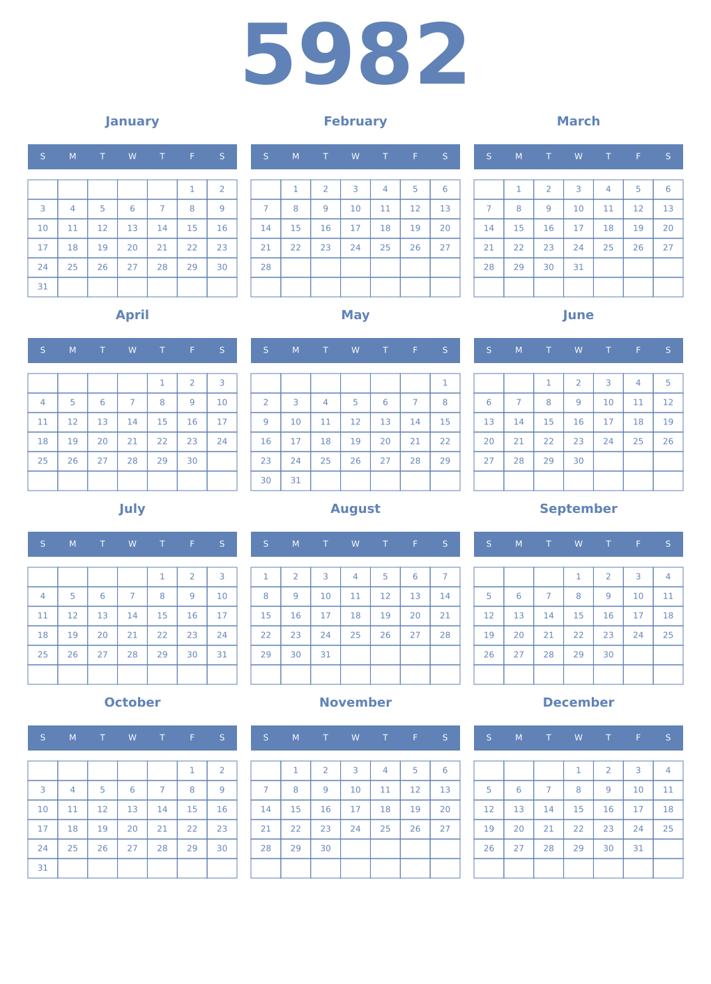 Printable 5982 Year Calendars glaucous