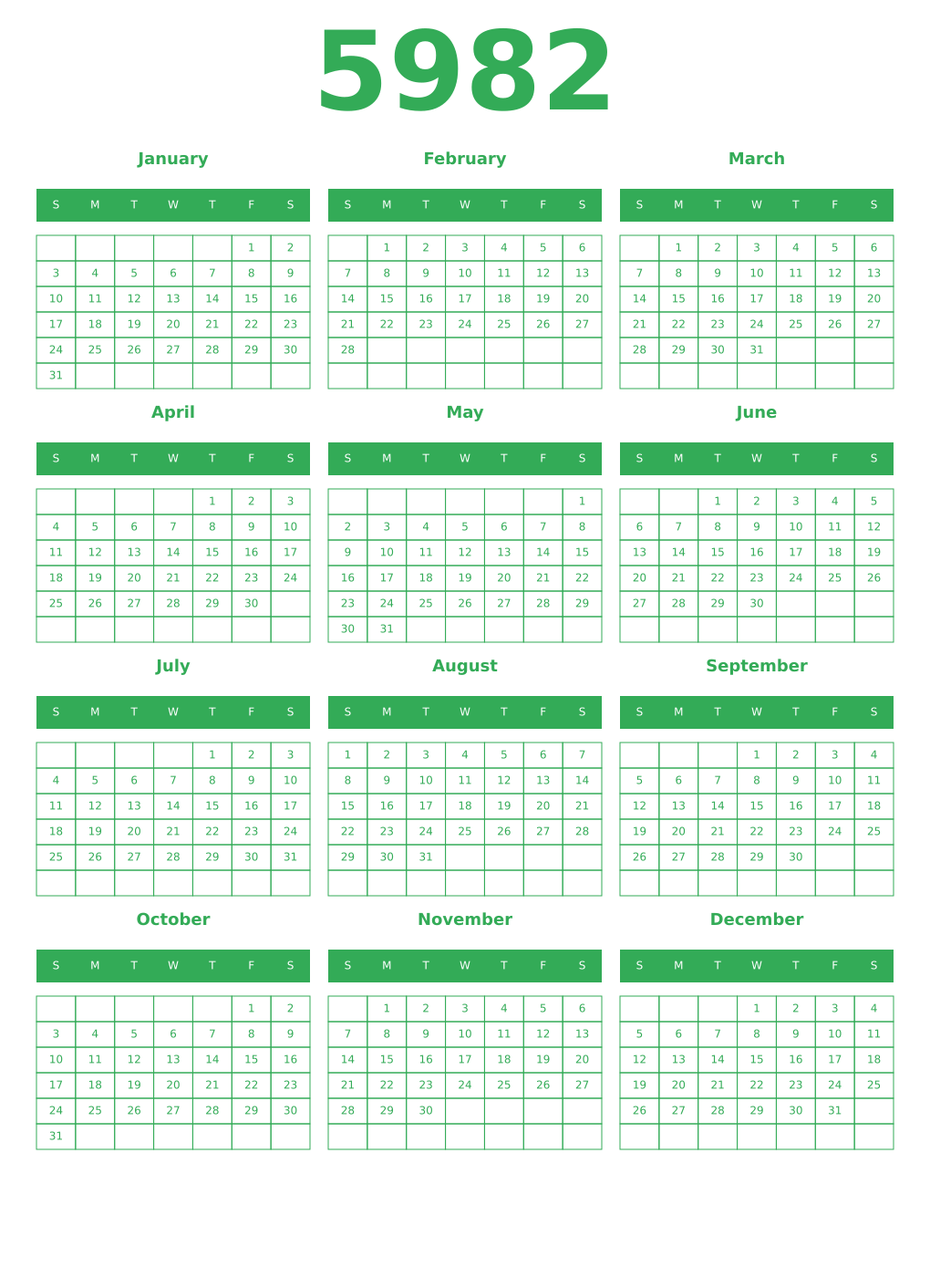 Printable 5982 Year Calendars green