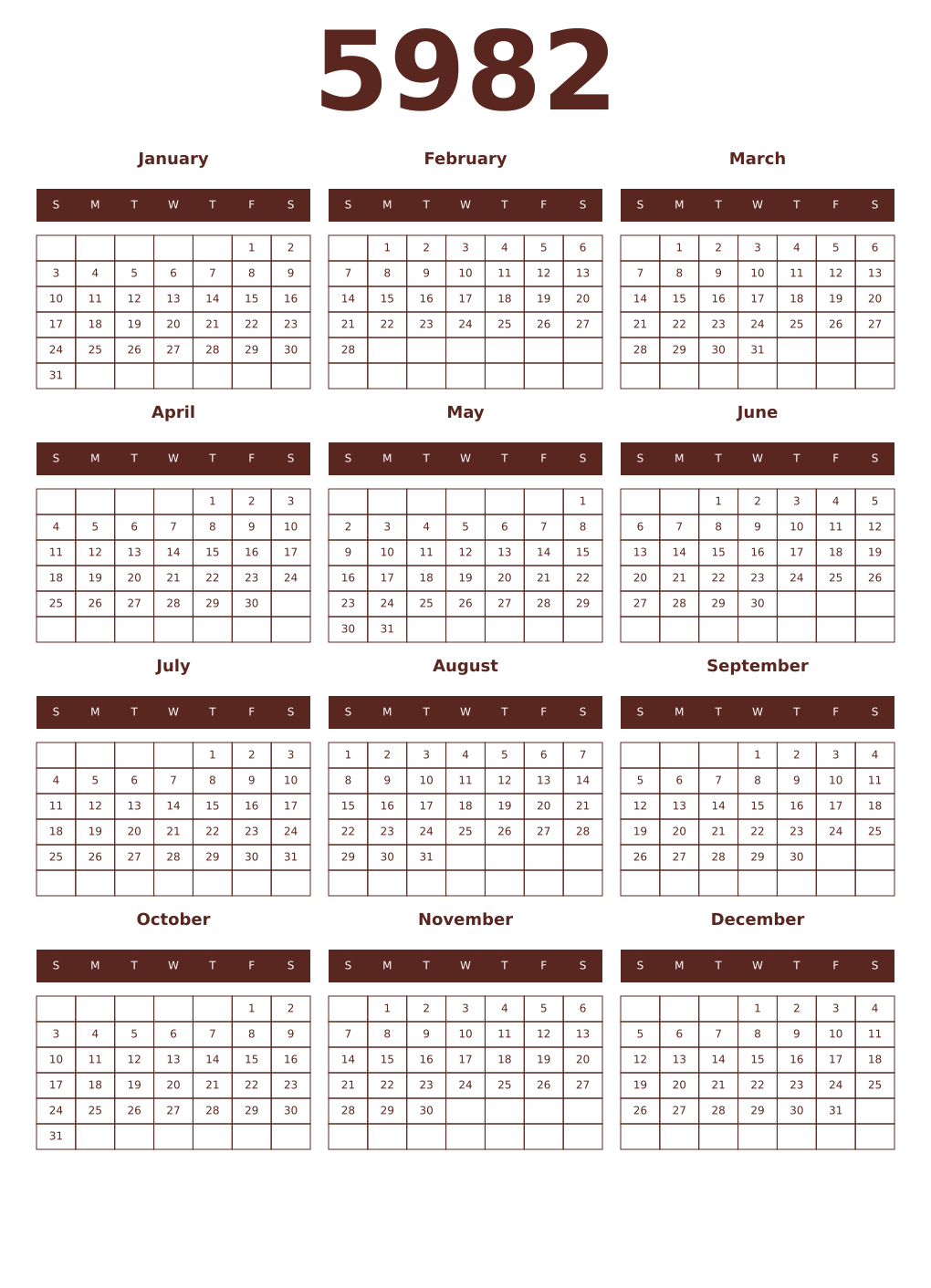 Printable 5982 Year Calendars mortuum