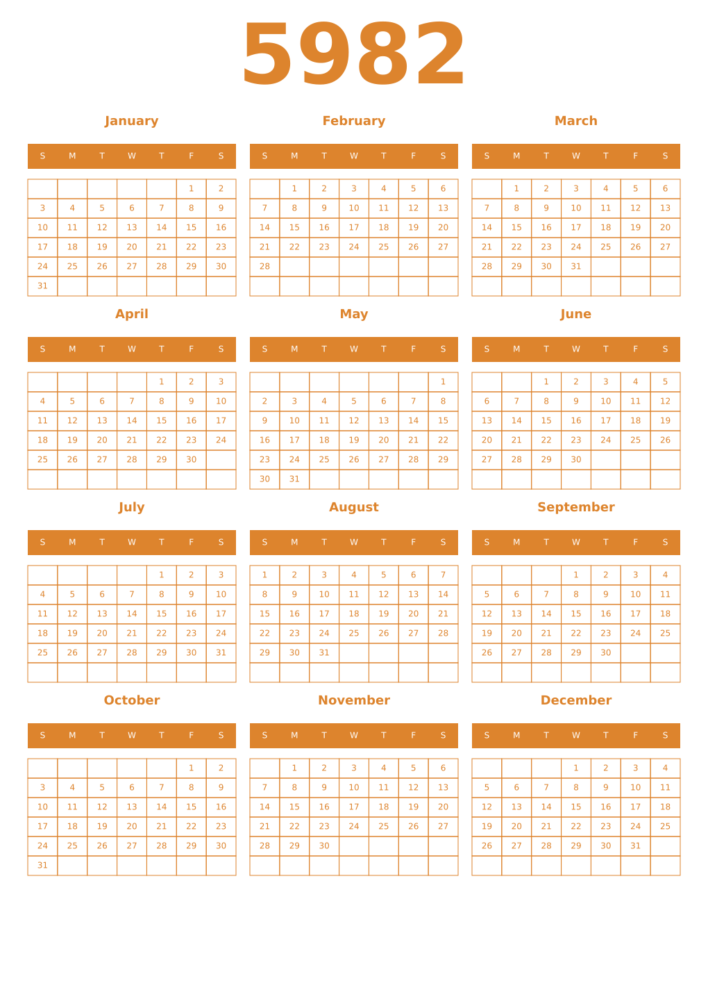 Printable 5982 Year Calendars orange