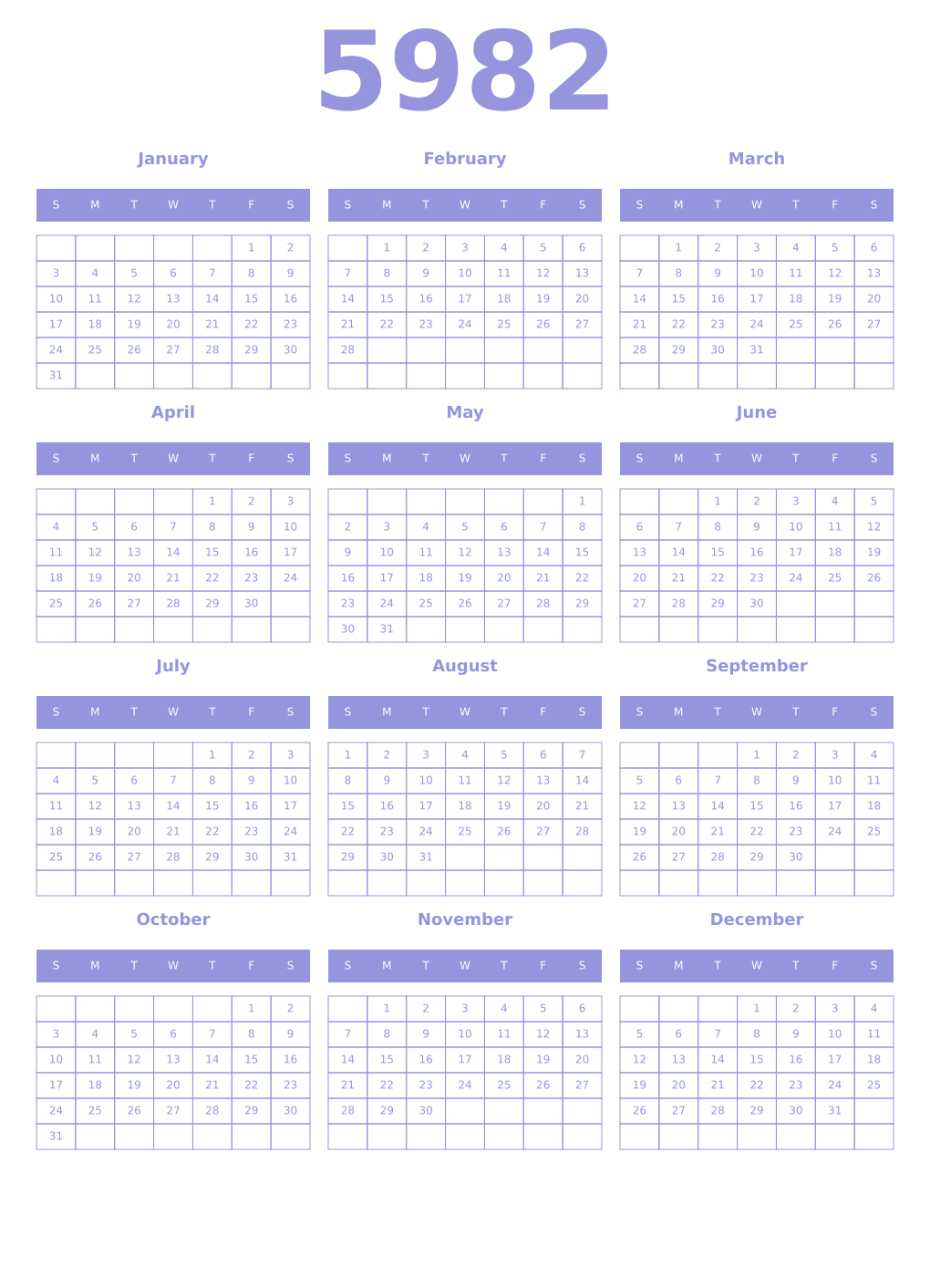 Printable 5982 Year Calendars periwinkle