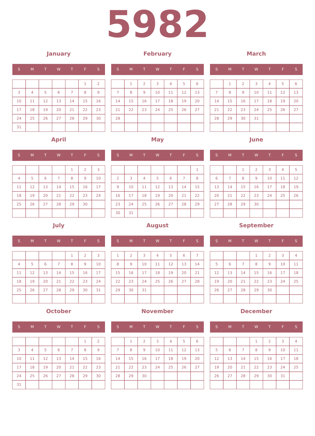 Printable 5982 Year Calendars puce