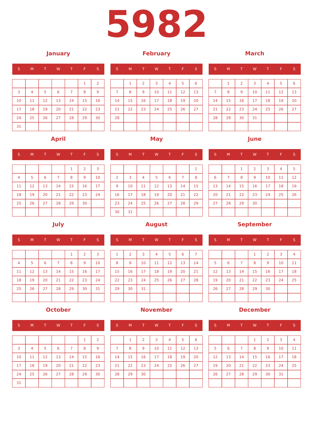 Printable 5982 Year Calendars red