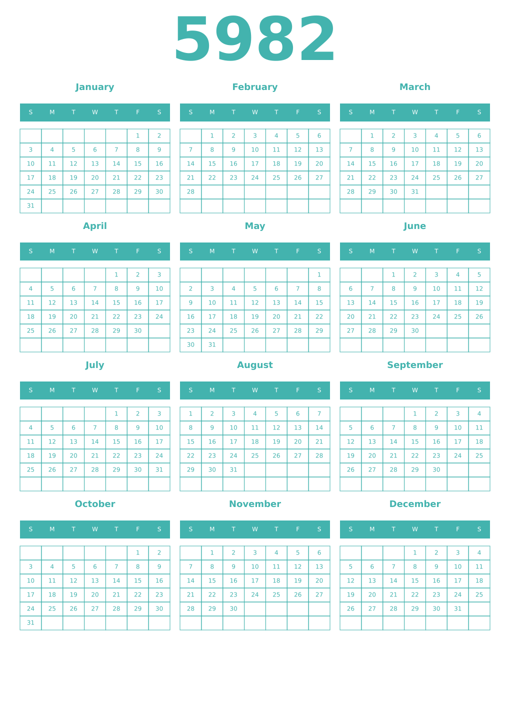 Printable 5982 Year Calendars verdigris