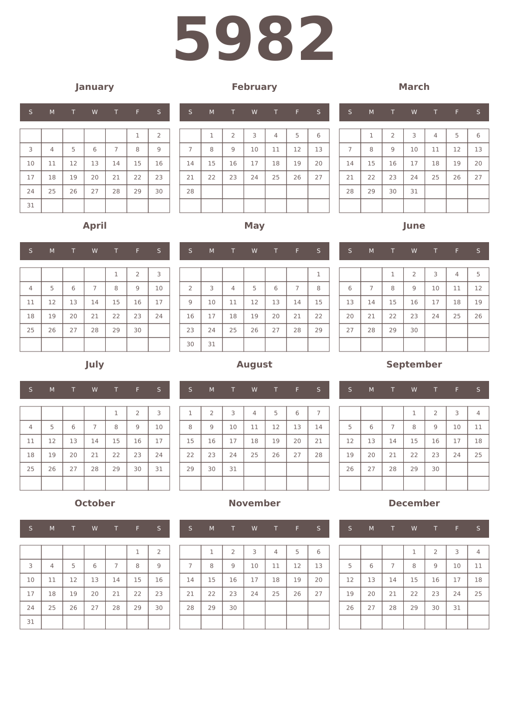 Printable 5982 Year Calendars wenge