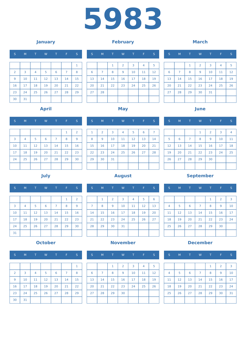Printable 5983 Year Calendars blue