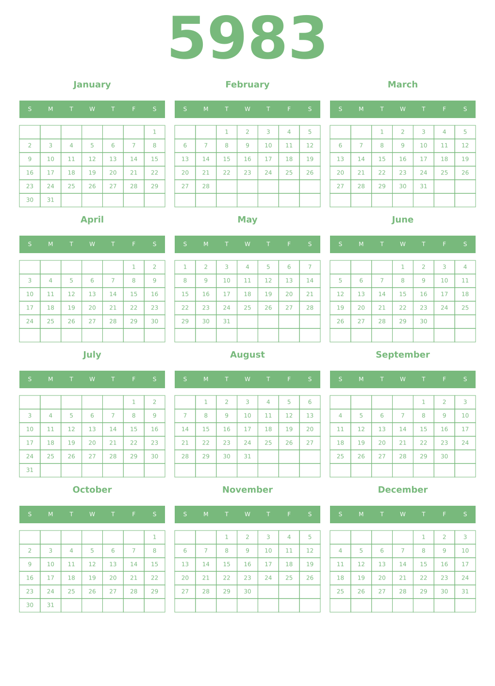 Printable 5983 Year Calendars celadon