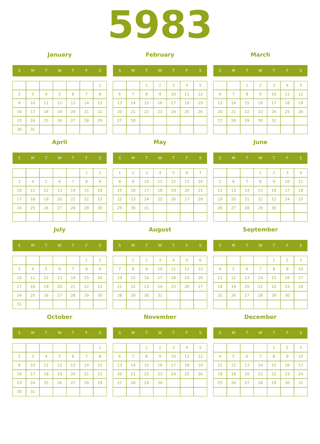 Printable 5983 Year Calendars chartreuse