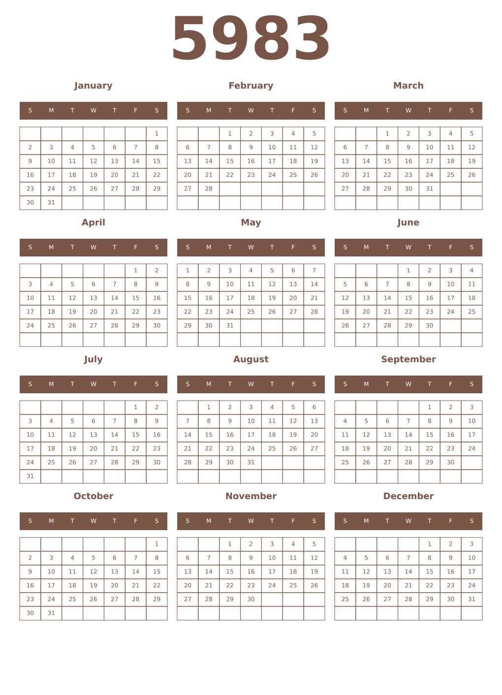 Printable 5983 Year Calendars coffe