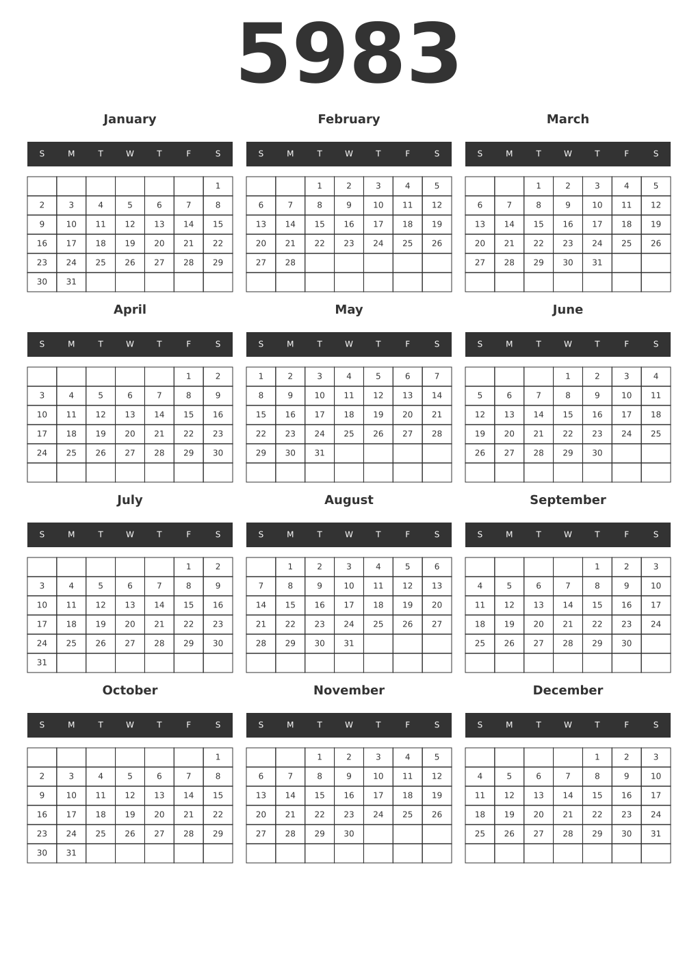 Printable 5983 Year Calendars dark
