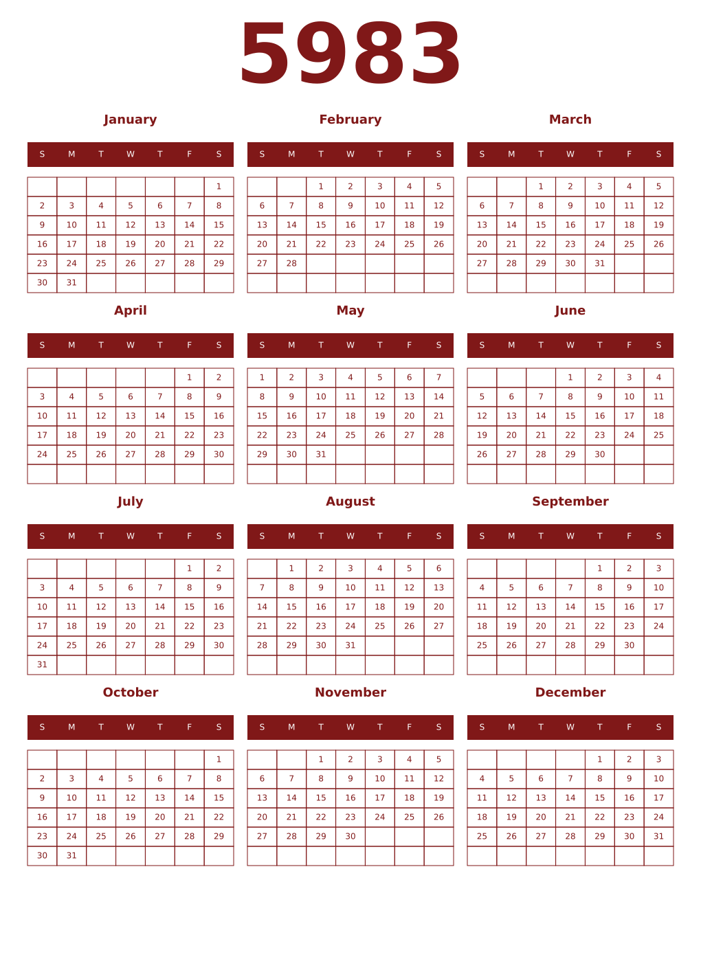 Printable 5983 Year Calendars falu