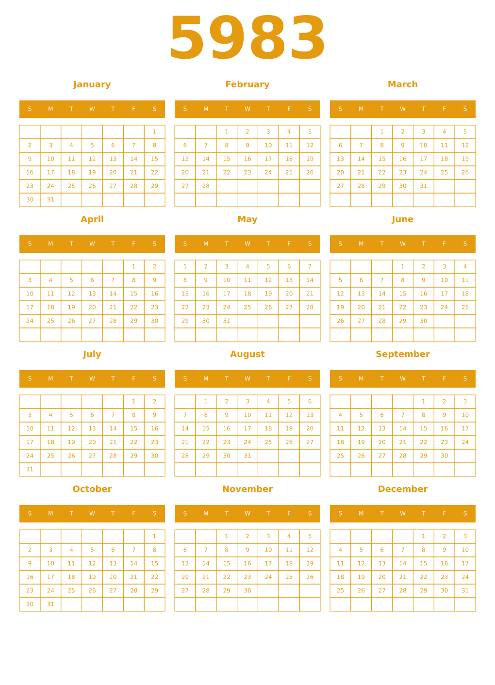 Printable 5983 Year Calendars gamboge