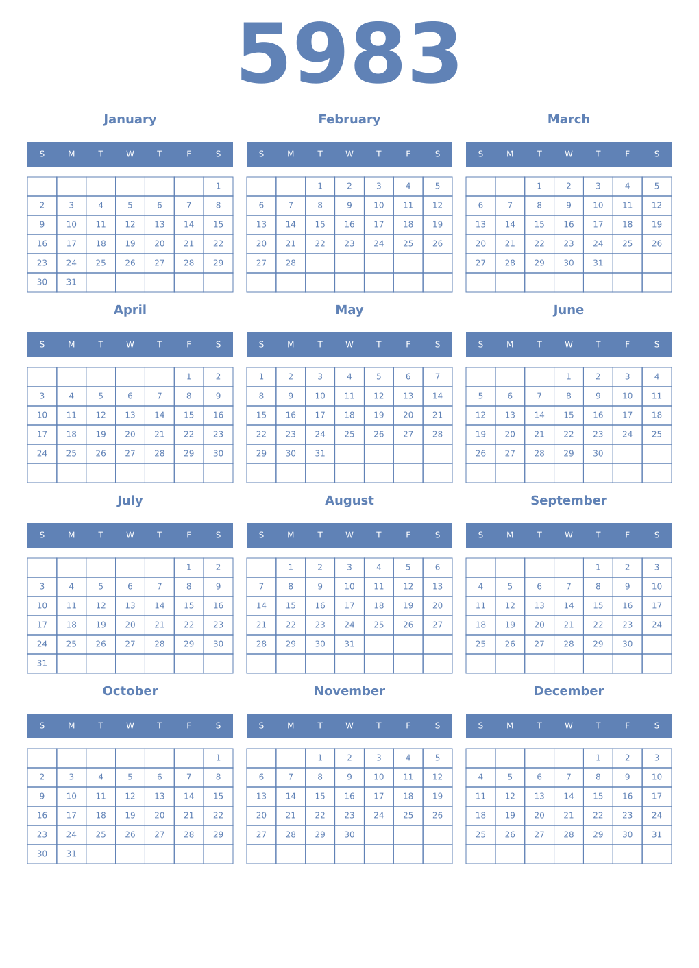Printable 5983 Year Calendars glaucous
