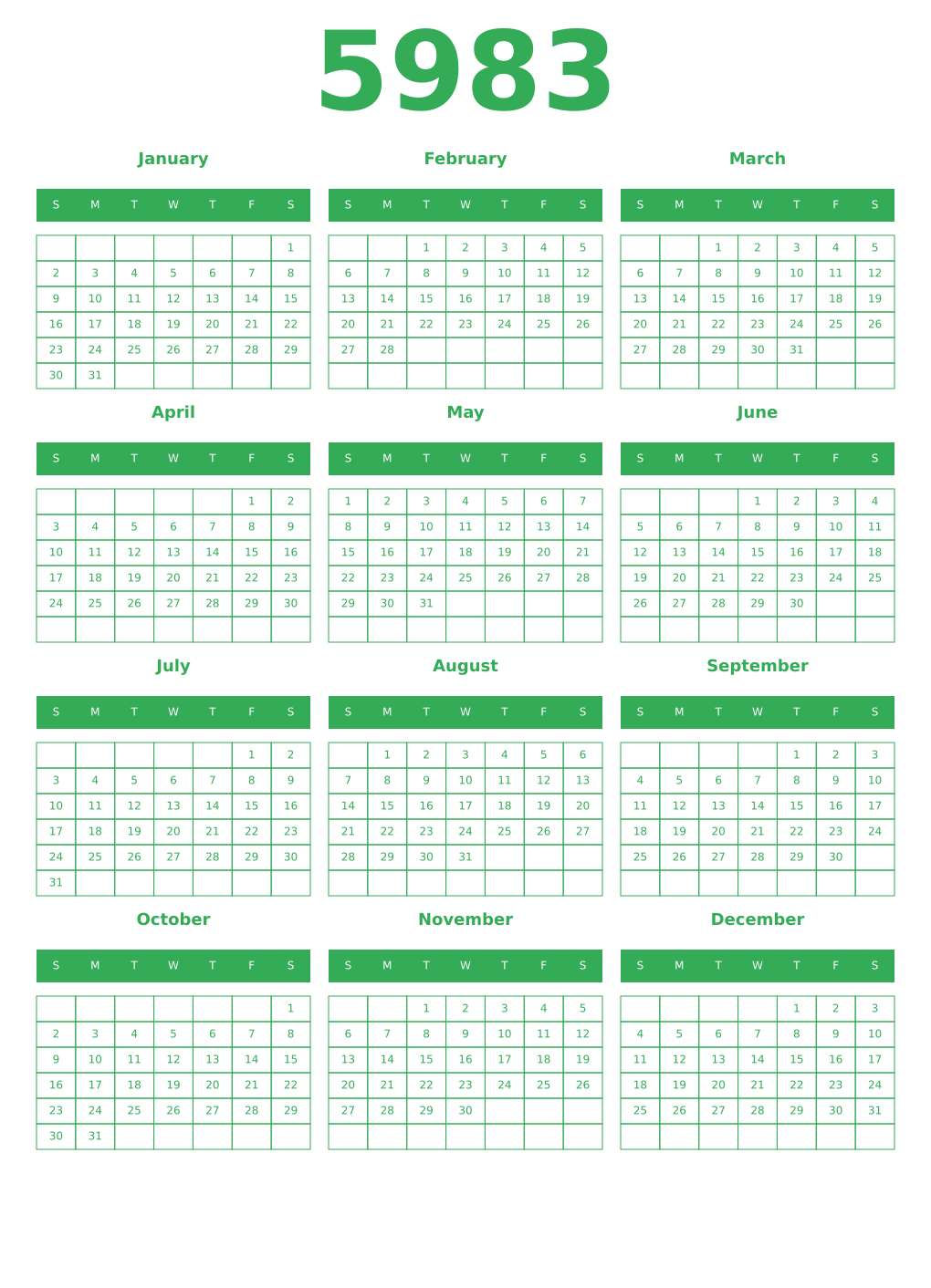Printable 5983 Year Calendars green