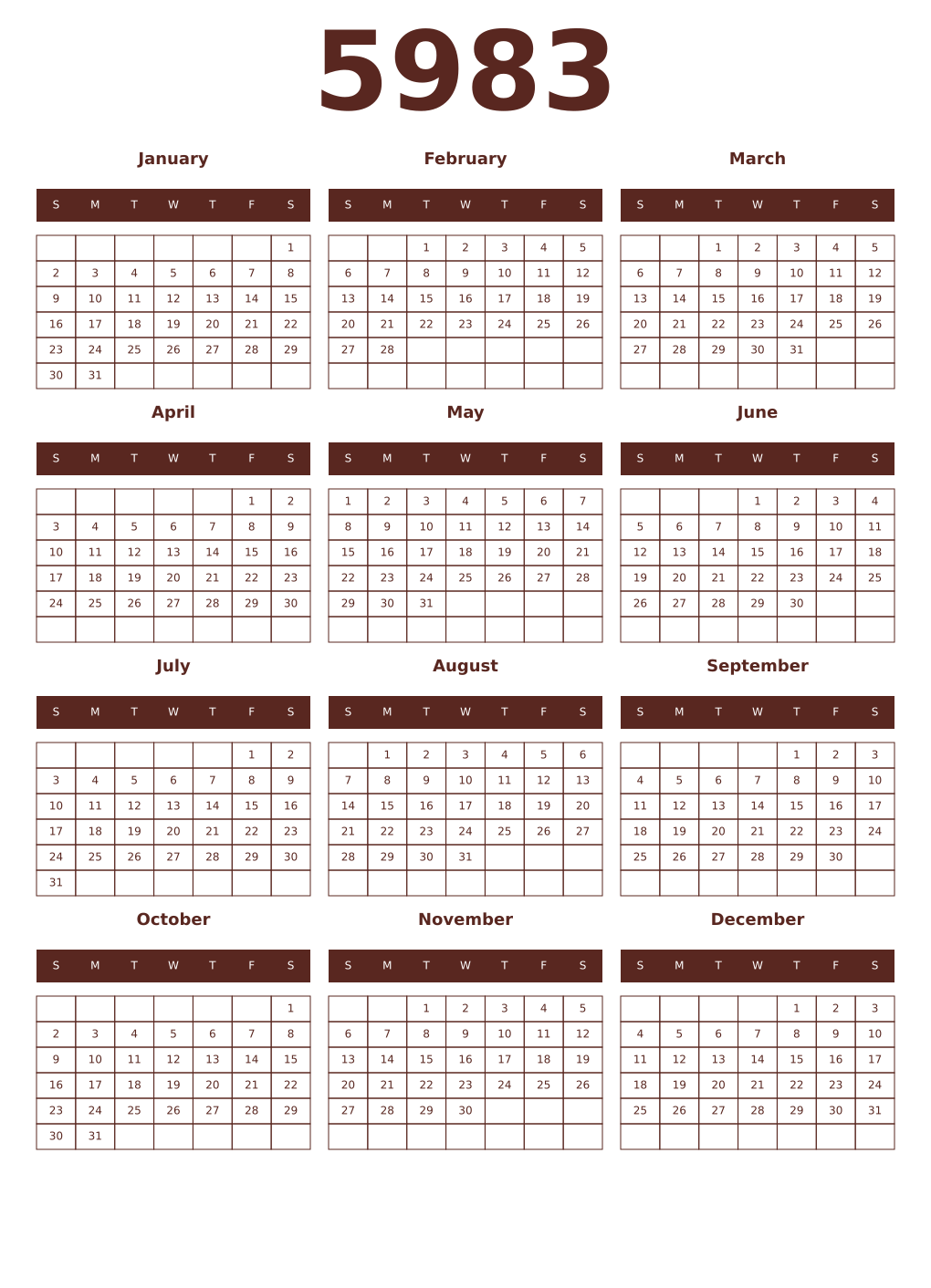 Printable 5983 Year Calendars mortuum