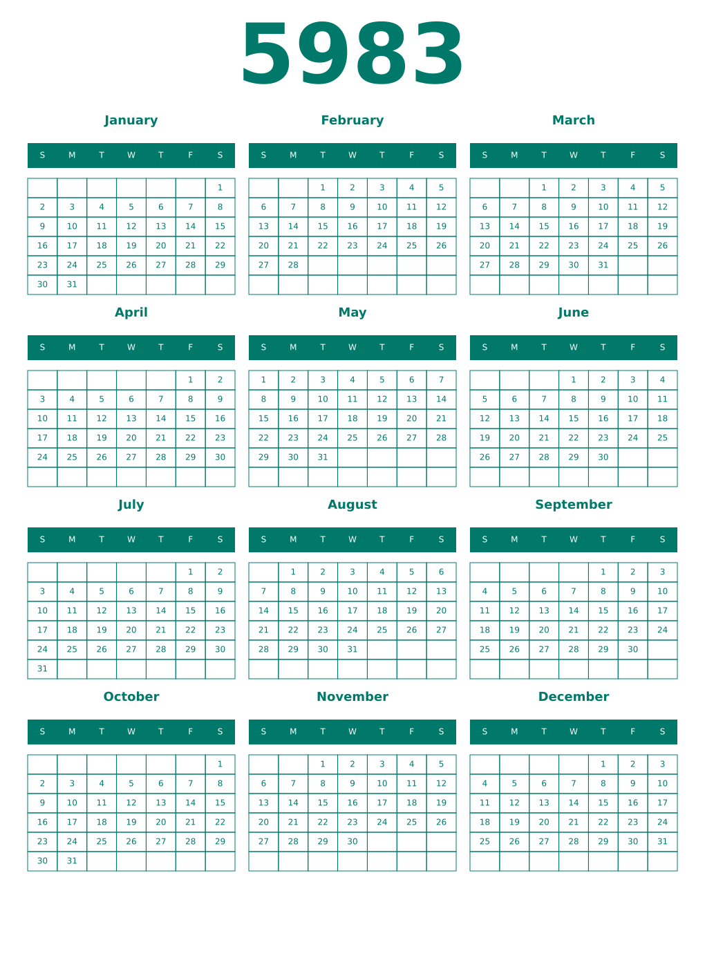 Printable 5983 Year Calendars pastel